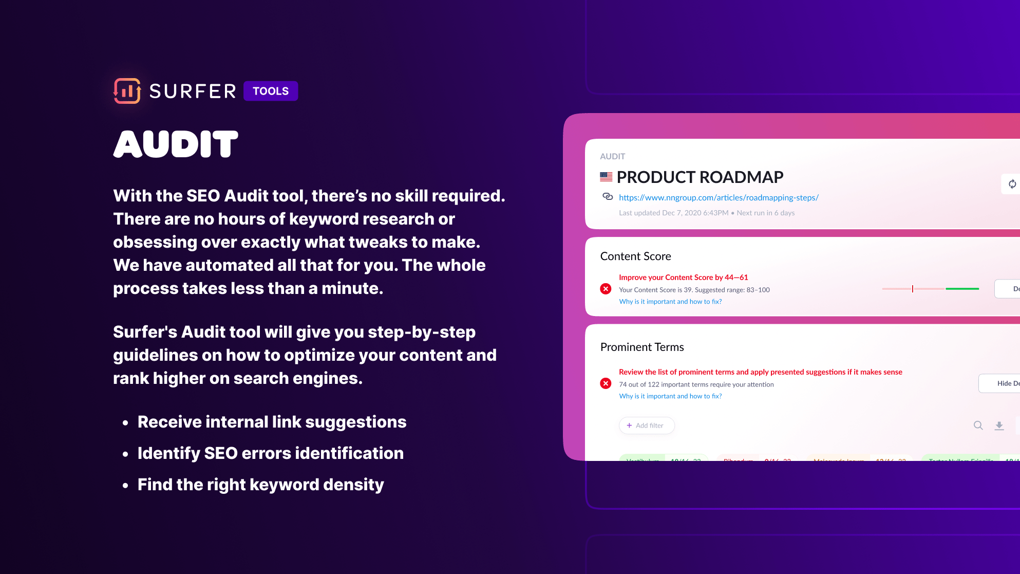 a screenshot of a web page with a purple background talking about Surfer SEO audit tool in text.