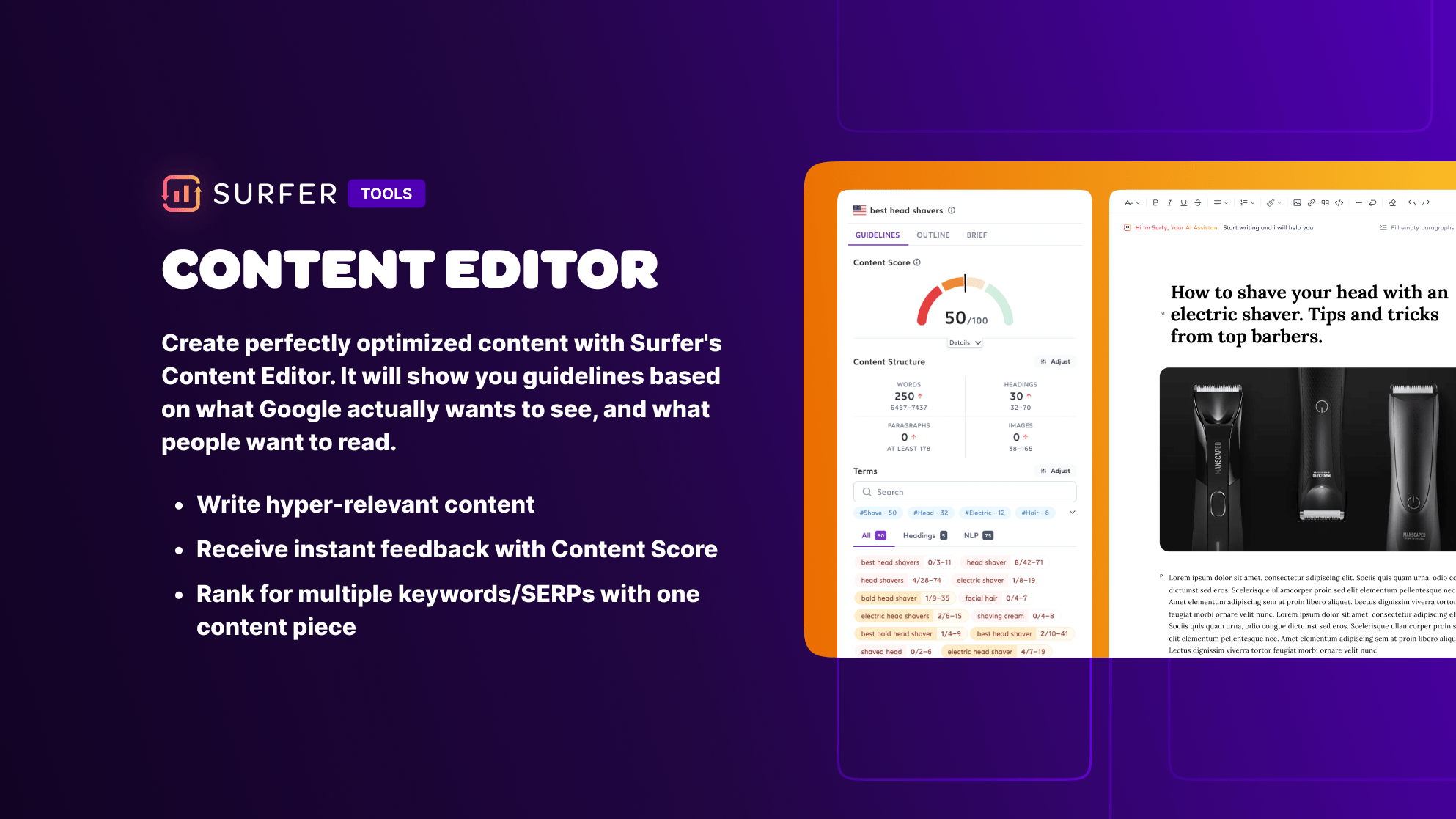 a purple and orange web page with the words content editor.