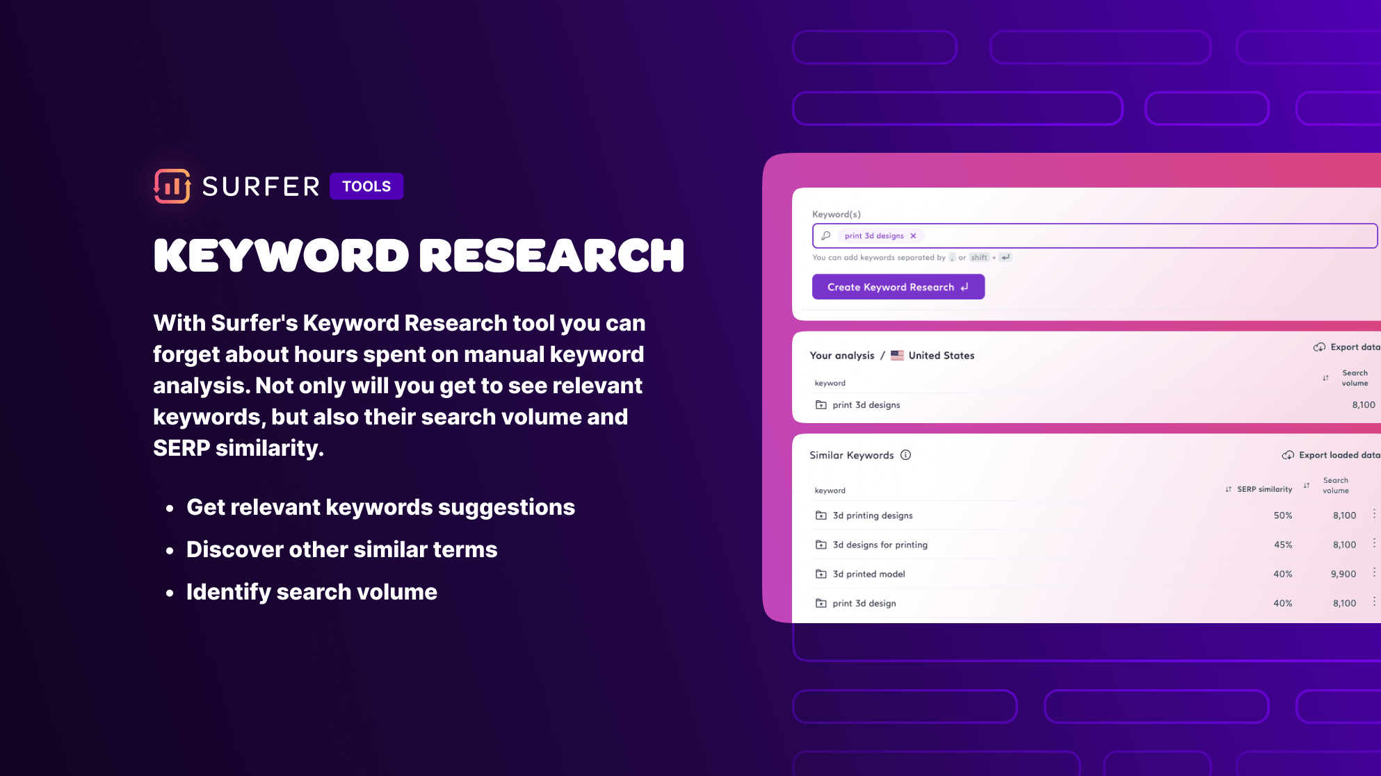 the keyword research page is displayed on a purple background.