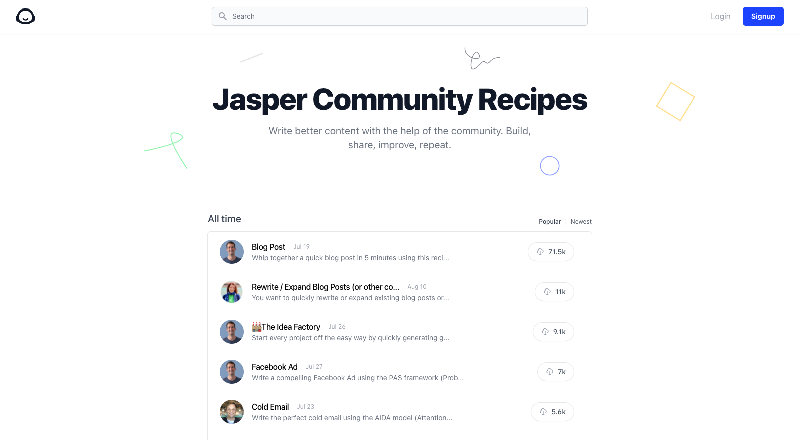 An image showing all the recipes Jasper AI offers.