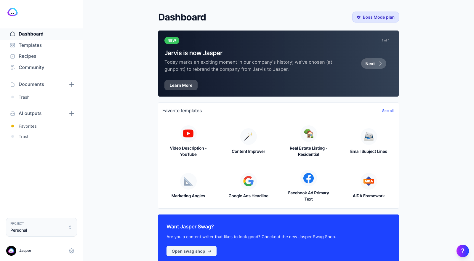 Jasper AI Dashboard with many options to choose from