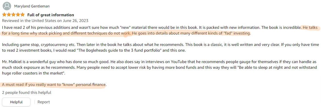 A reader from amazon talking about how A Random Walk Down Wall Street teaches you why stock picking doesn't work and why the idea of "fad" investing is bad