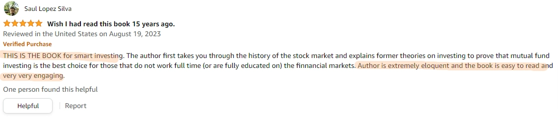 A reader from amazon talking about how A Random Walk Down Wall Street is for smart investing and that the book is engaging and an easy read