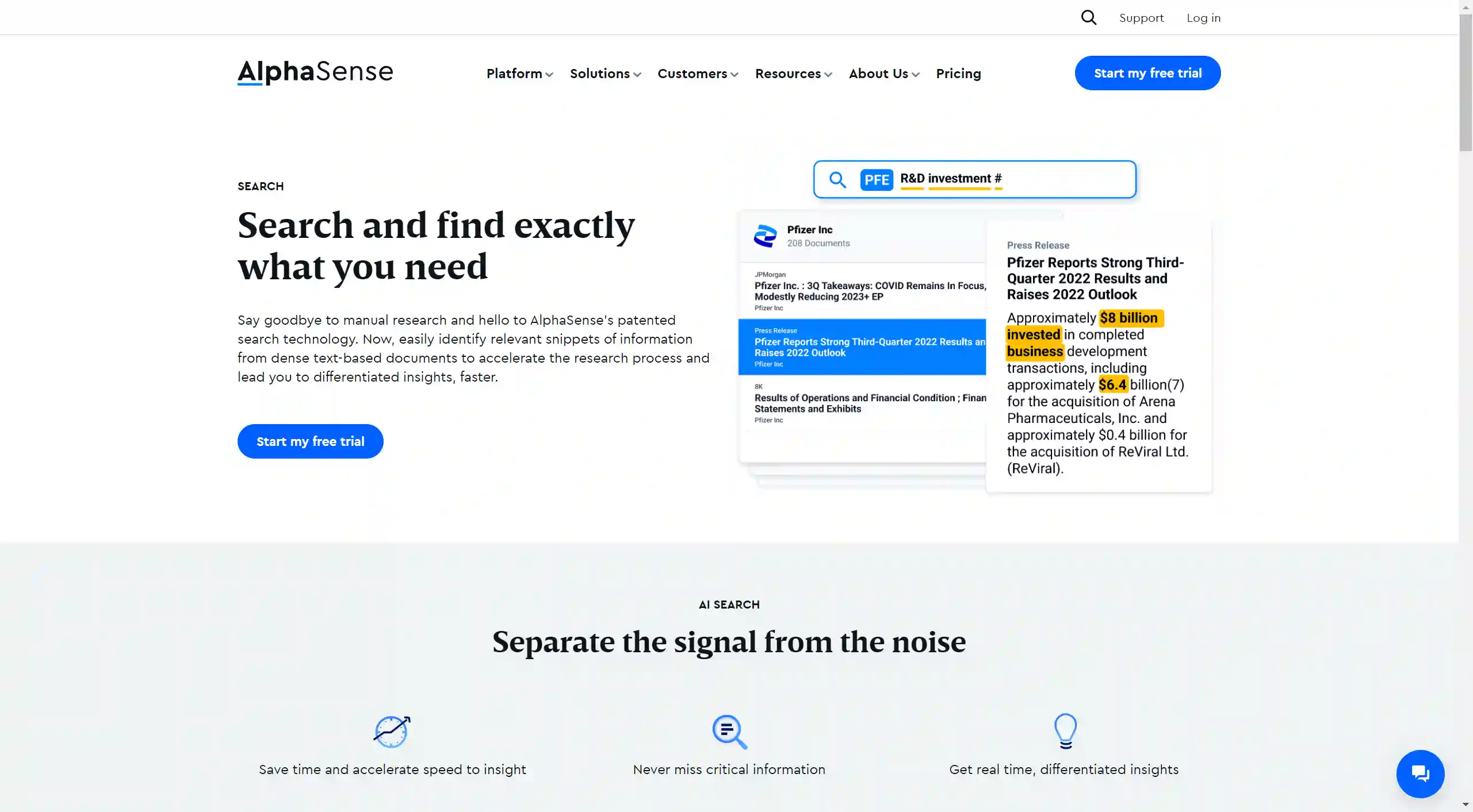 AlphaSense's AI search feature that explains how we well it works with a visual and text next to it