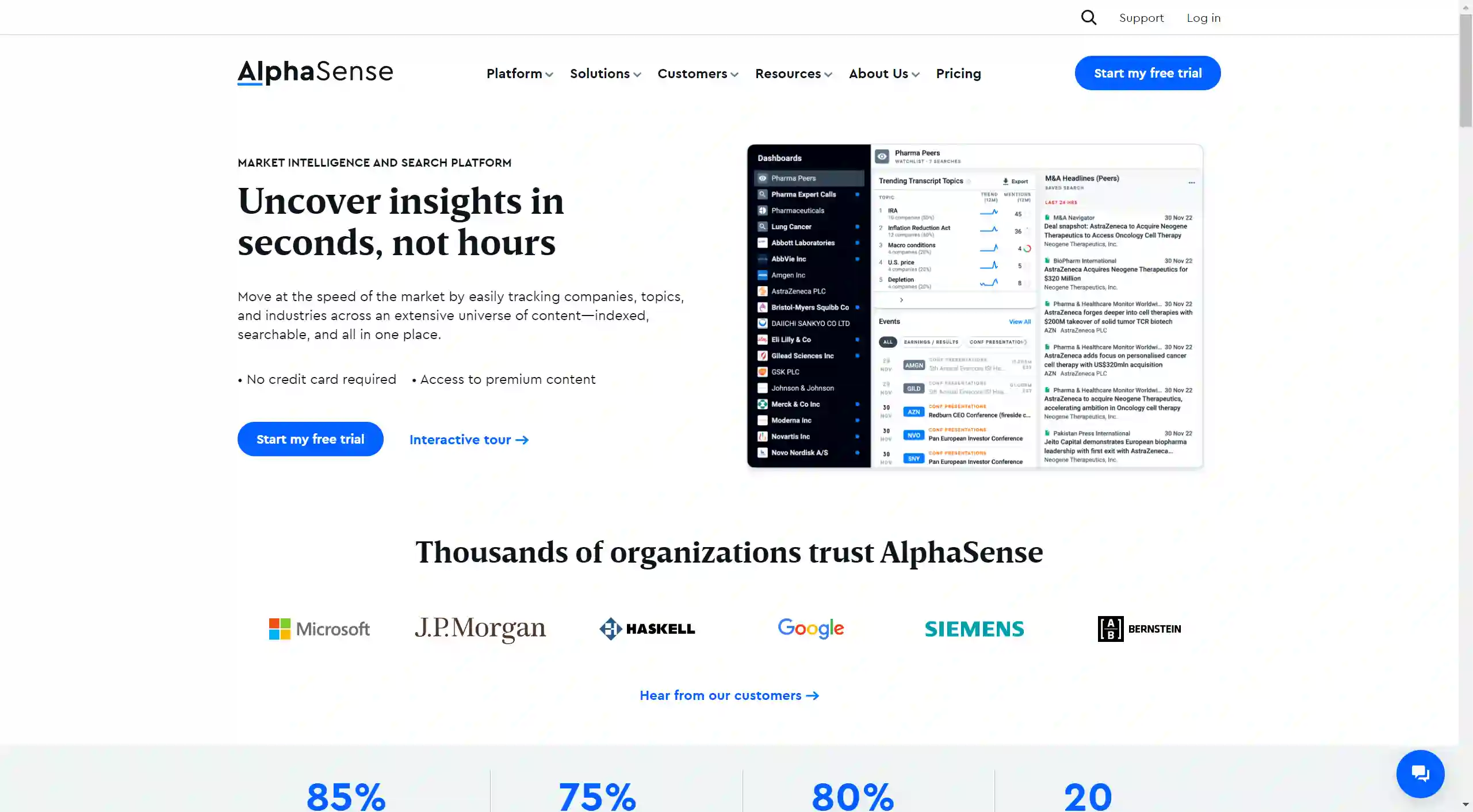 AlphaSense-the market intelligence website-landing page explaing what they do with text and an image