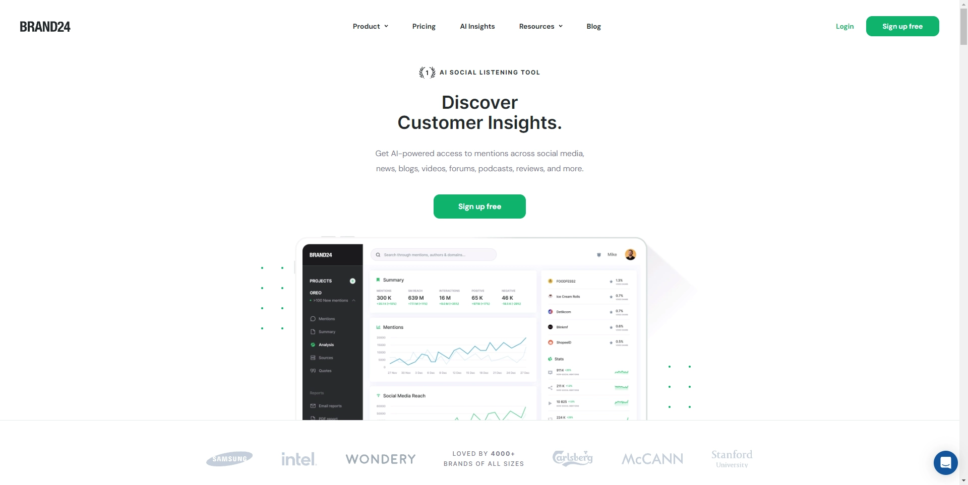 Brand24 landing page showing a visual and text describing customer insights