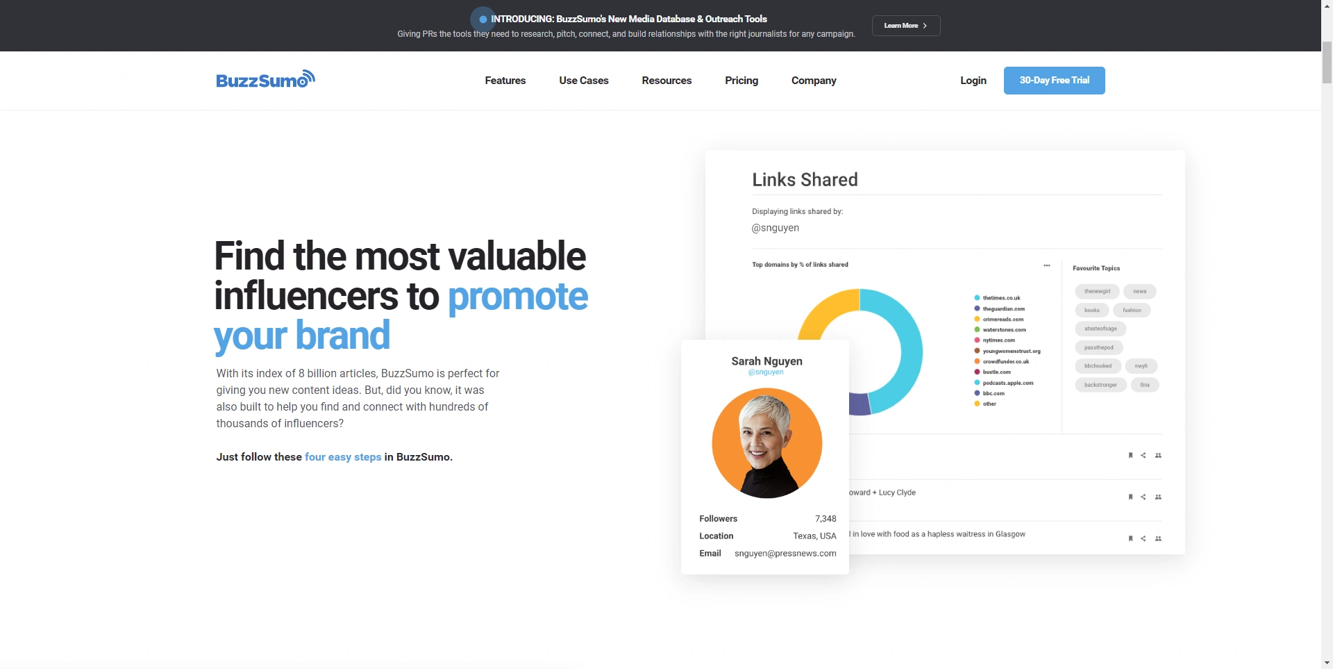 BuzzSumo's Influencer Feature with a visual and a description talking about how you can find influencers to promote your brand