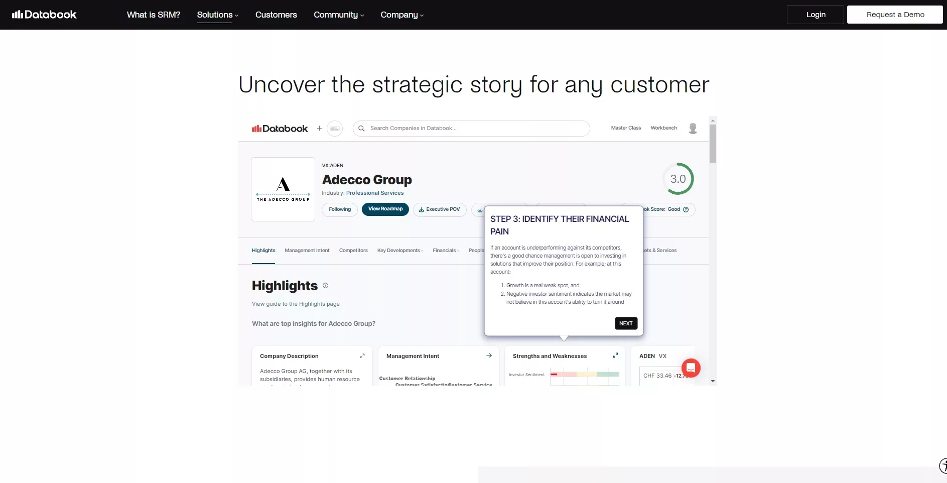 Databook website showing an example of Adecco Group and their financial pain points