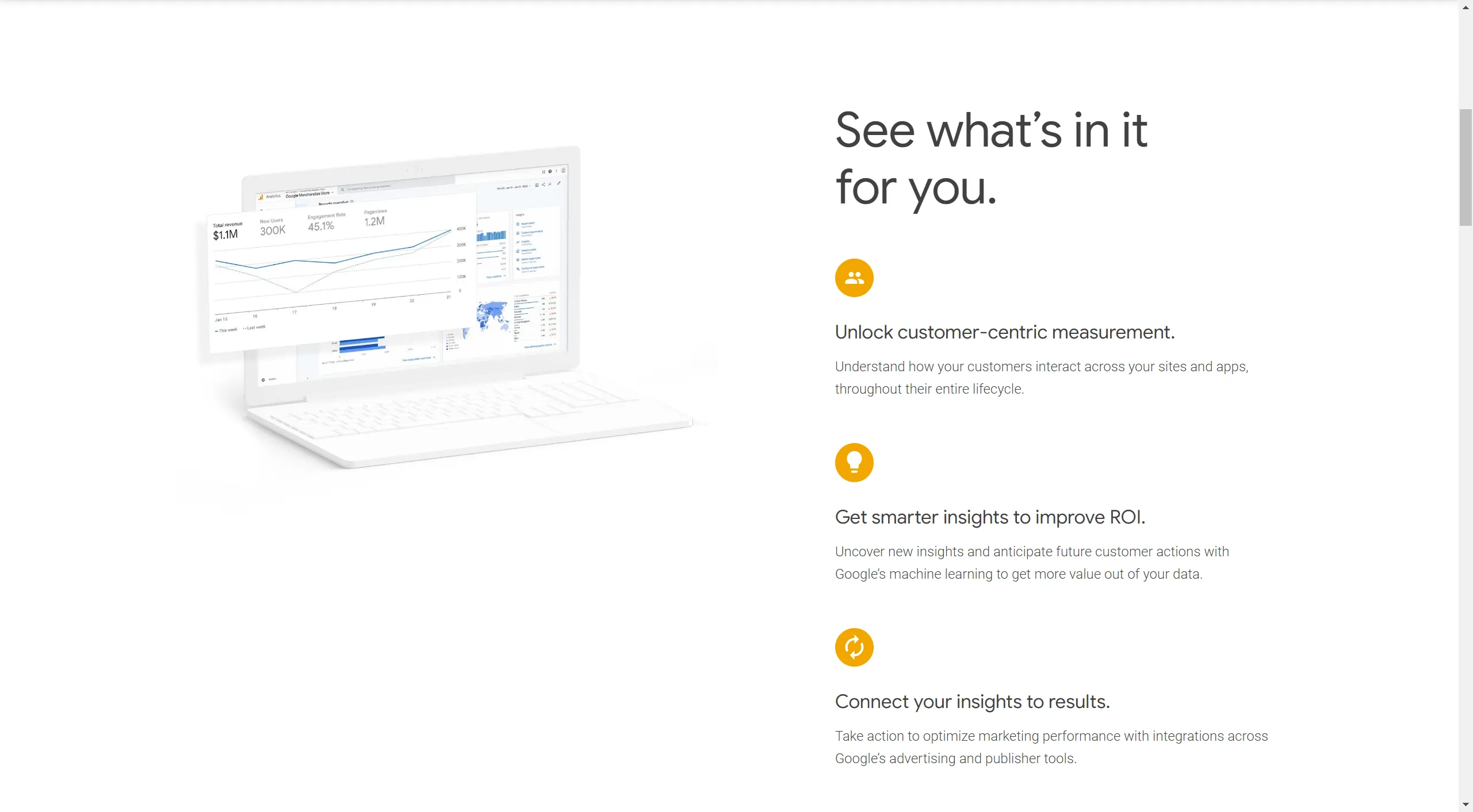 Google Analytics features it offers such as customer-centric measurements, smarter insights to improve ROI, and connecting your own insights to see results