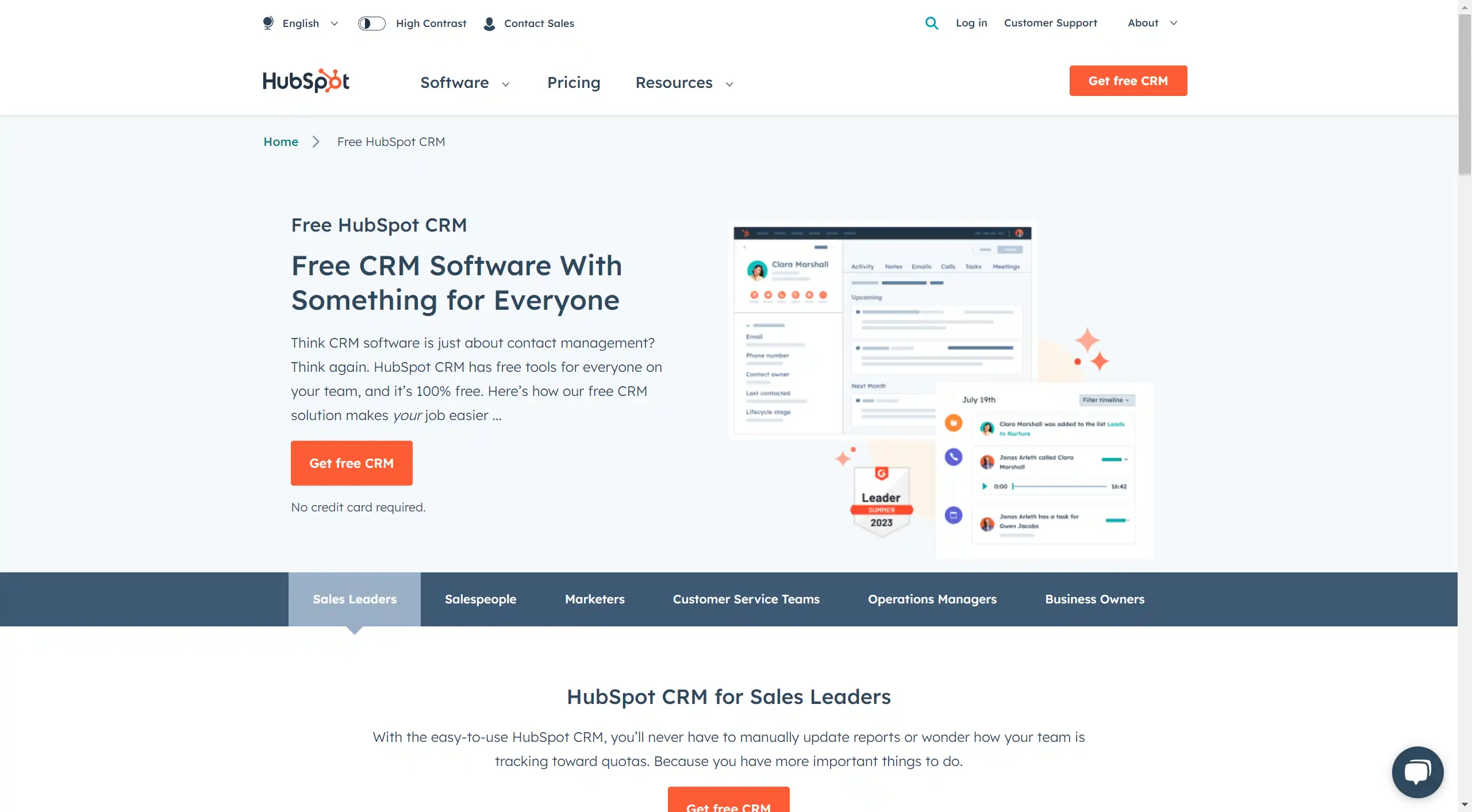 HubSpot's free CRM Software page displaying all the features it provides with visuals and text