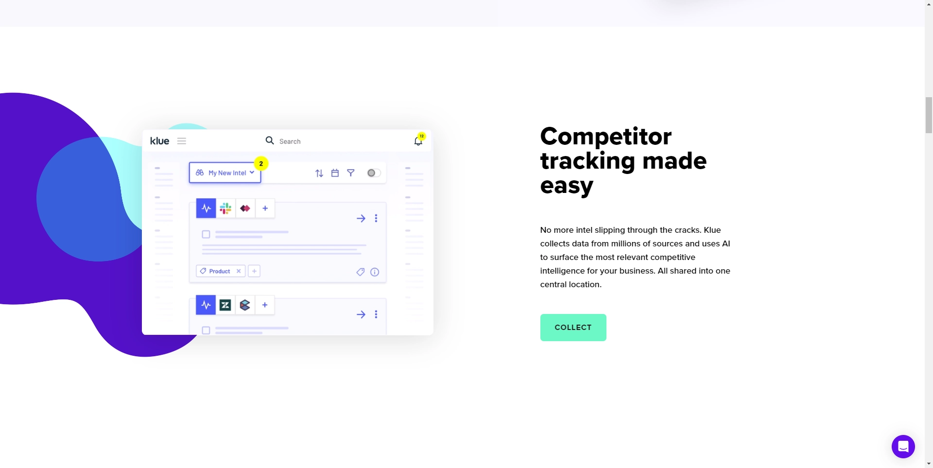 Klue's competitor tracking feature and visualization showing how it works along with a description