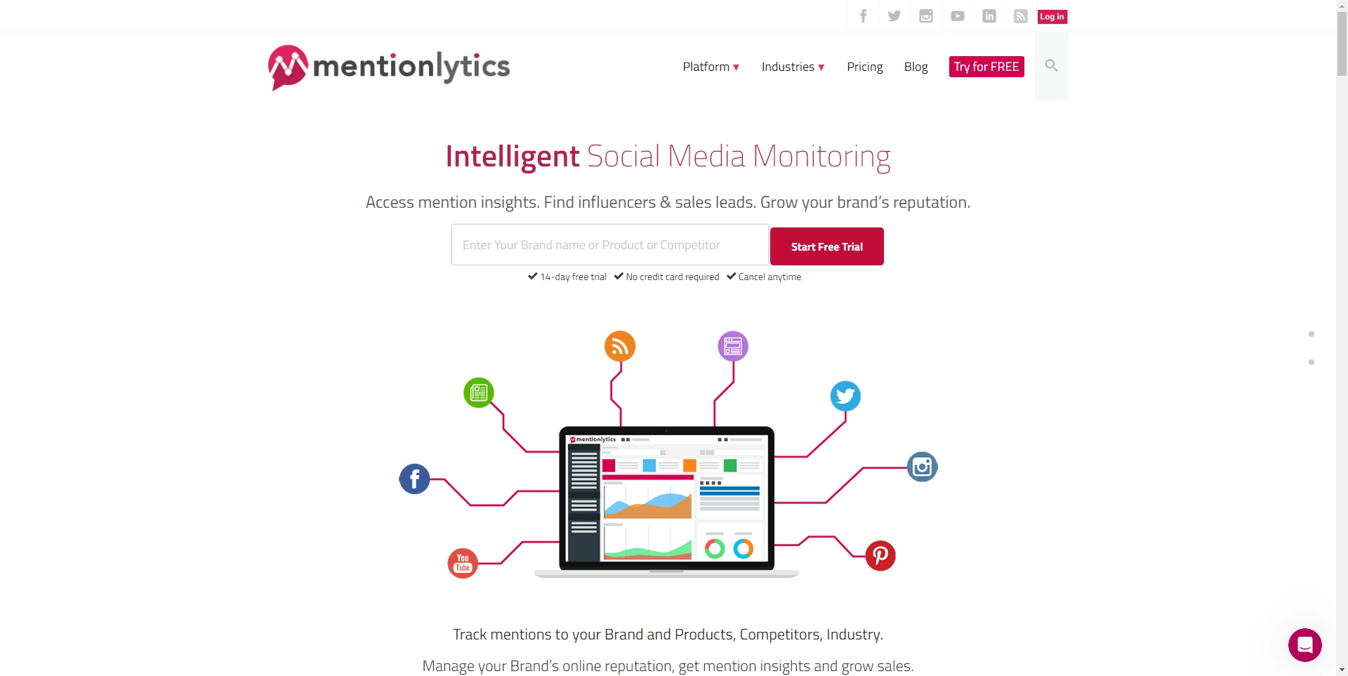 Mentionlytics landing page with a visual and text