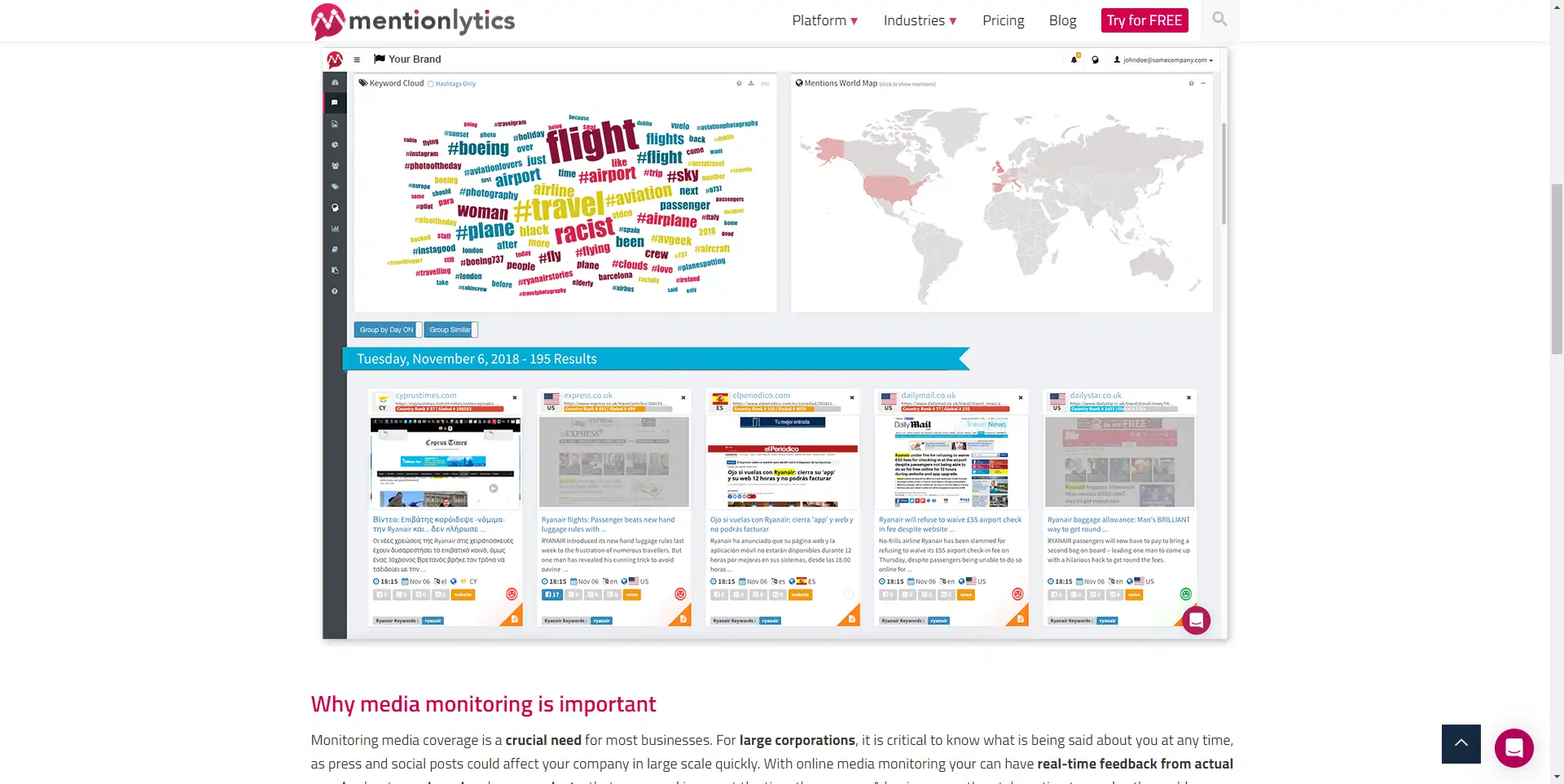 Mentionlytics Media Monitoring feature with a visual of Mentionlytic's dashboard