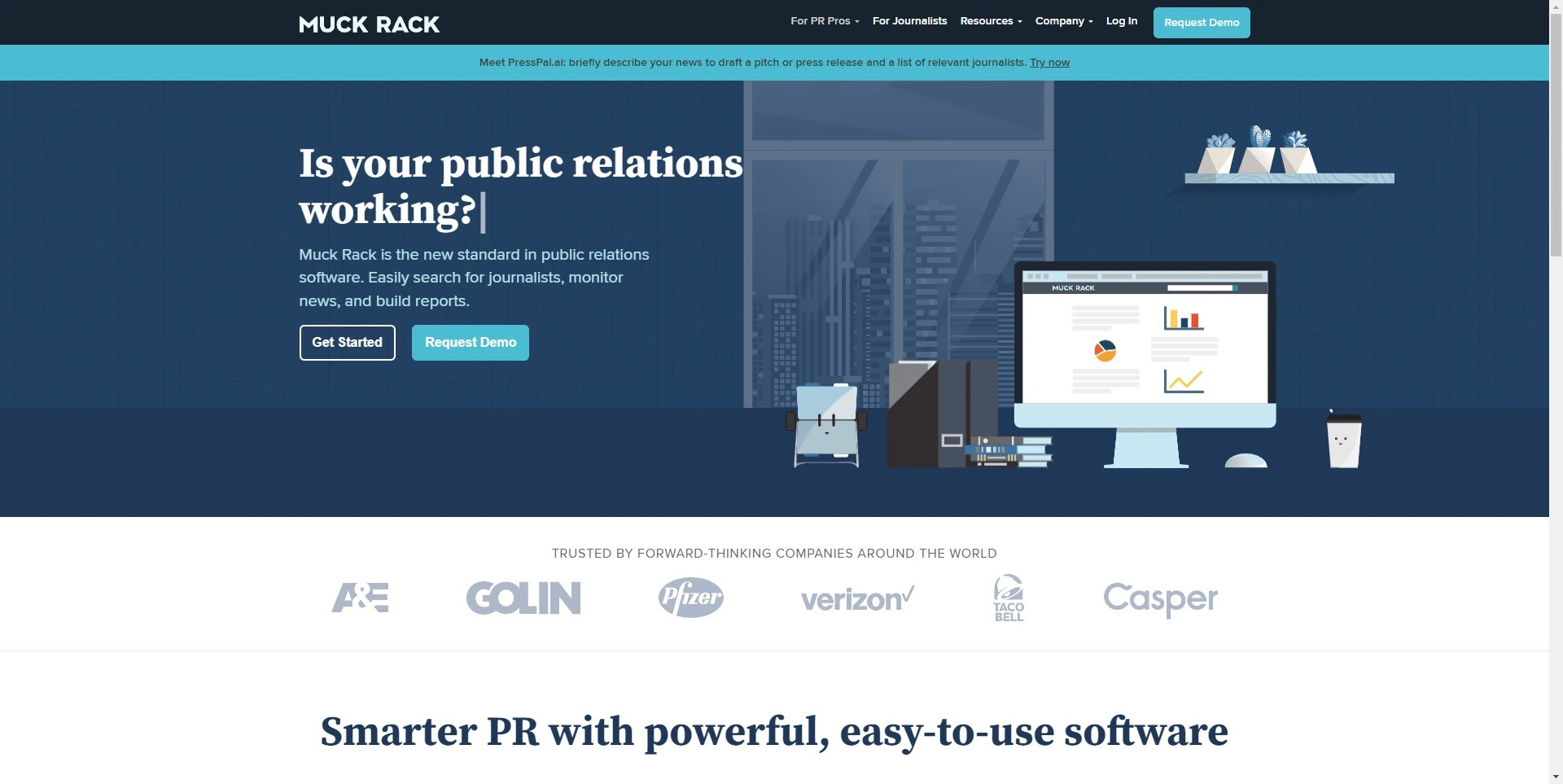 Muck Rack landing page advertising their services and their companies they are trusted by