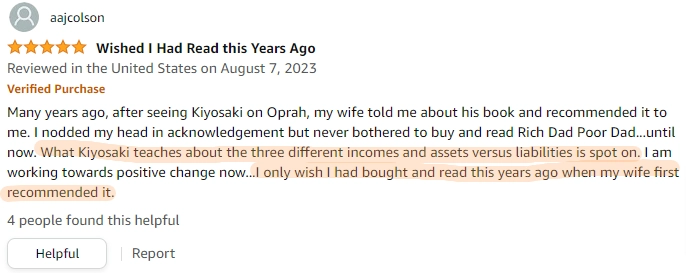 A amazon review on Rich dad Poor Dad talking about how they wish they bought this book years ago