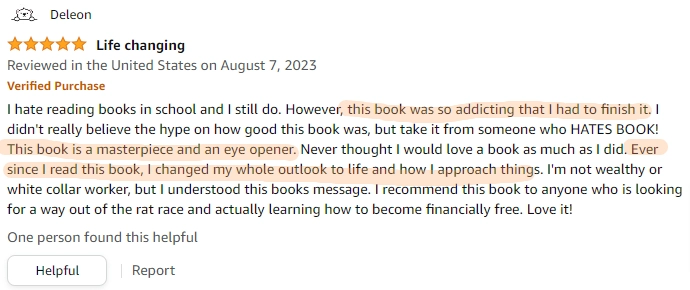 A reader of Rich Dad Poor Dad talking about how the book was so addicting that they had to finish it
