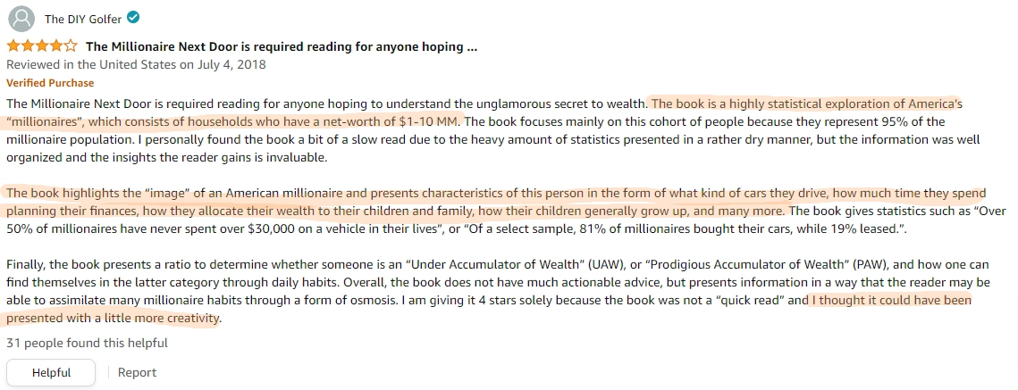 A reviewer and reader of The Millionaire Next Door from amazon saying how the book highlights the "image" of the American millionaire and how you can do that in your own life.