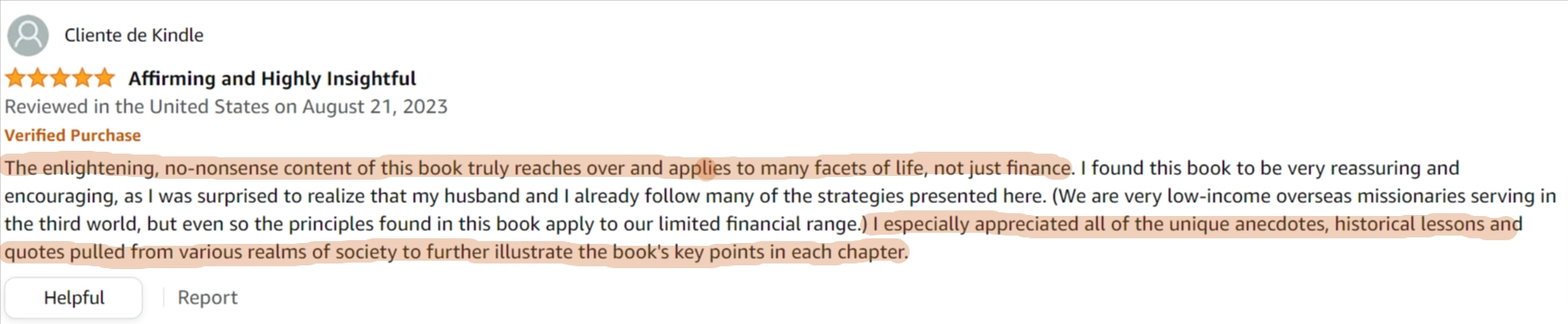 A amazon reviewer and reader of The Psychology of Money saying how this book is "no-nonsense" and applies to many parts of the readers life in a positive manner