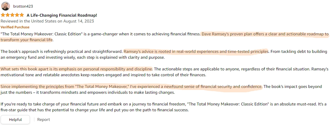 A happy reader saying Dave Ramsey's book The Total Money Makeover is clear and actionable