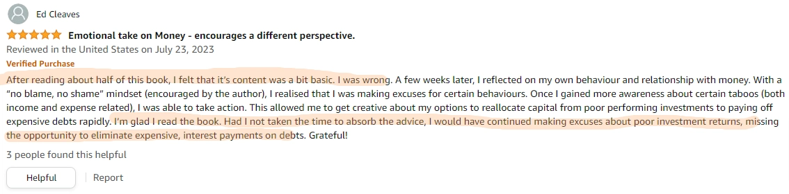 An amazon reviewer speaking on Your Money or Your Life talking about how great the book is and how its worth investing in