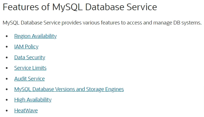 MySQL features all listed out in bulleted format