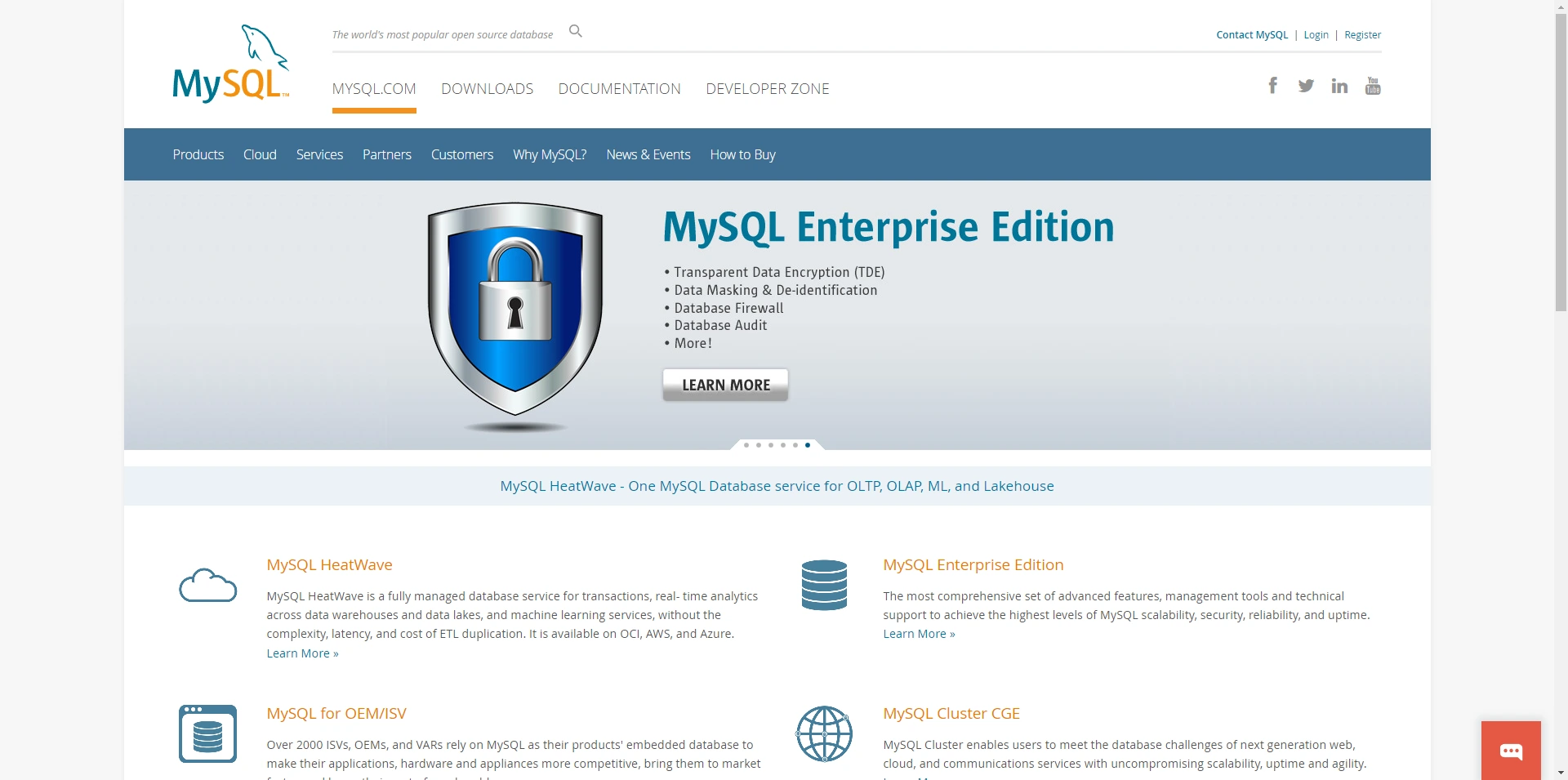 MySQL software's landing page.