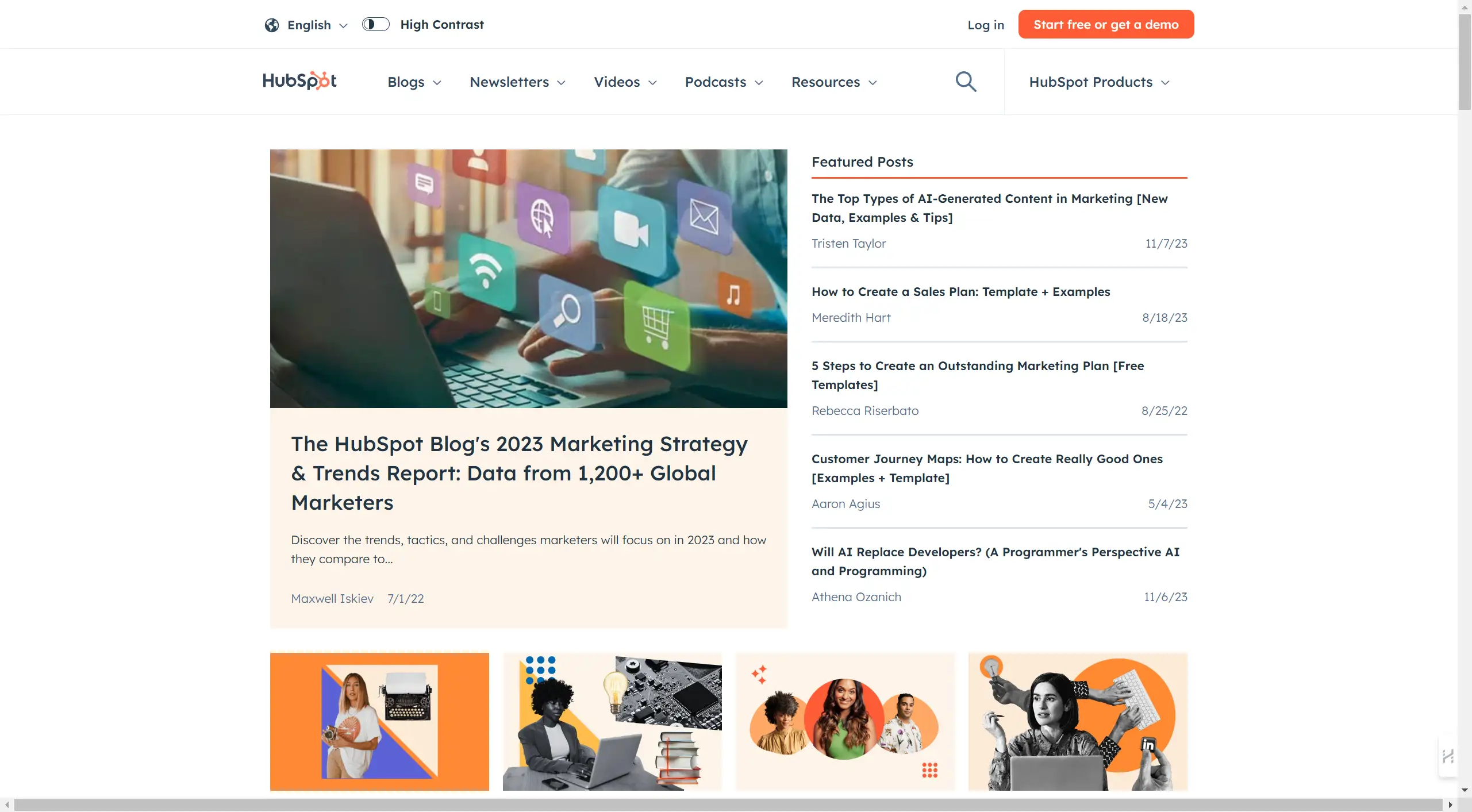 HubSpot Blog Landing Page showing all the articles posted recently