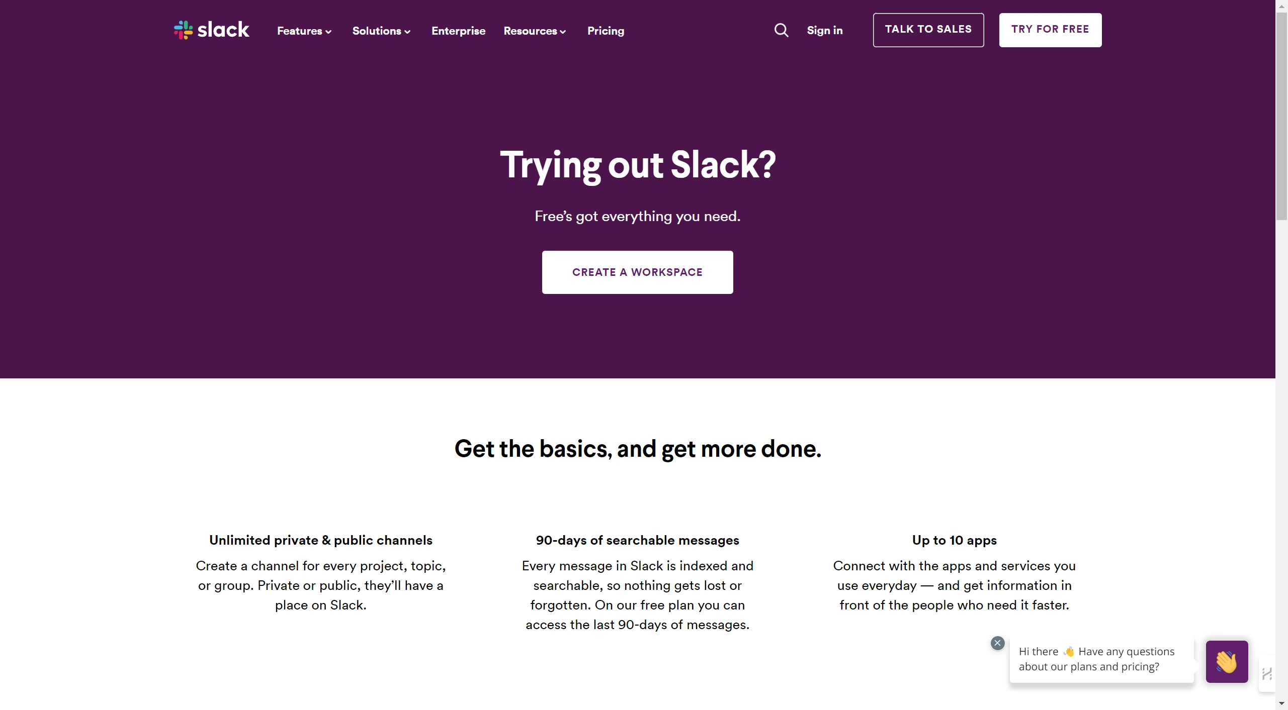 Slack's Landing Page for visitors to sign up for their free plan and try it out.